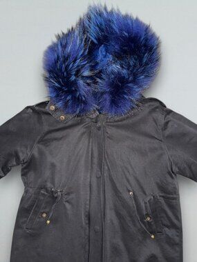 Girls Black Hooded Parka Blue Rex Rabbit Fur Lined Winter Coat Size 170